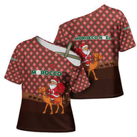 Morocco Christmas Cross Shoulder Shirt with Santa Claus Camel Caravan Desert Scene and Red Pattern Design - Wonder Print Shop