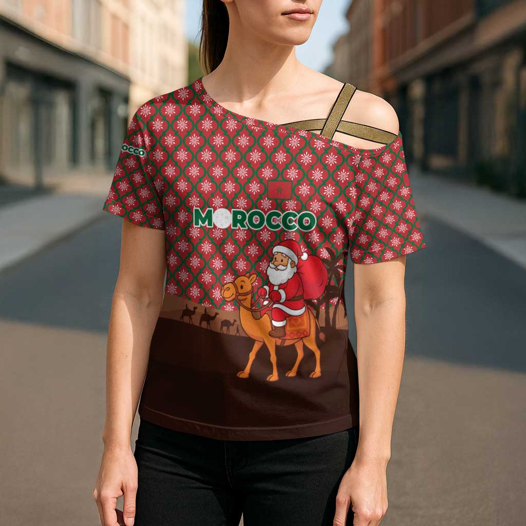 Morocco Christmas Cross Shoulder Shirt with Santa Claus Camel Caravan Desert Scene and Red Pattern Design - Wonder Print Shop