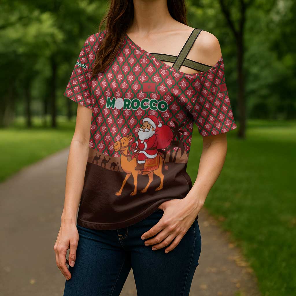 Morocco Christmas Cross Shoulder Shirt with Santa Claus Camel Caravan Desert Scene and Red Pattern Design - Wonder Print Shop
