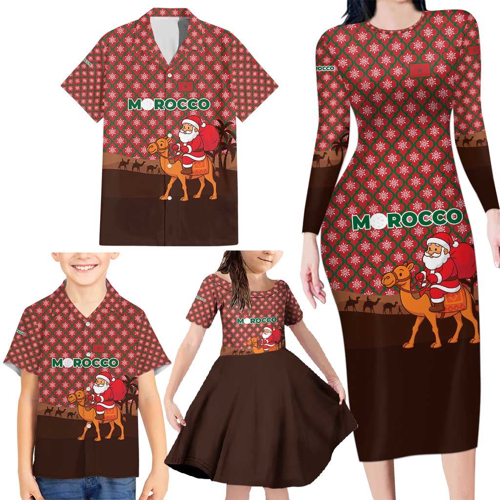 Morocco Christmas Family Matching Long Sleeve Bodycon Dress and Hawaiian Shirt with Santa Claus Camel Caravan Desert Scene and Red Pattern Design - Wonder Print Shop