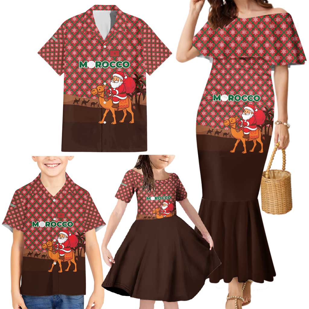 Morocco Christmas Family Matching Mermaid Dress and Hawaiian Shirt with Santa Claus Camel Caravan Desert Scene and Red Pattern Design - Wonder Print Shop
