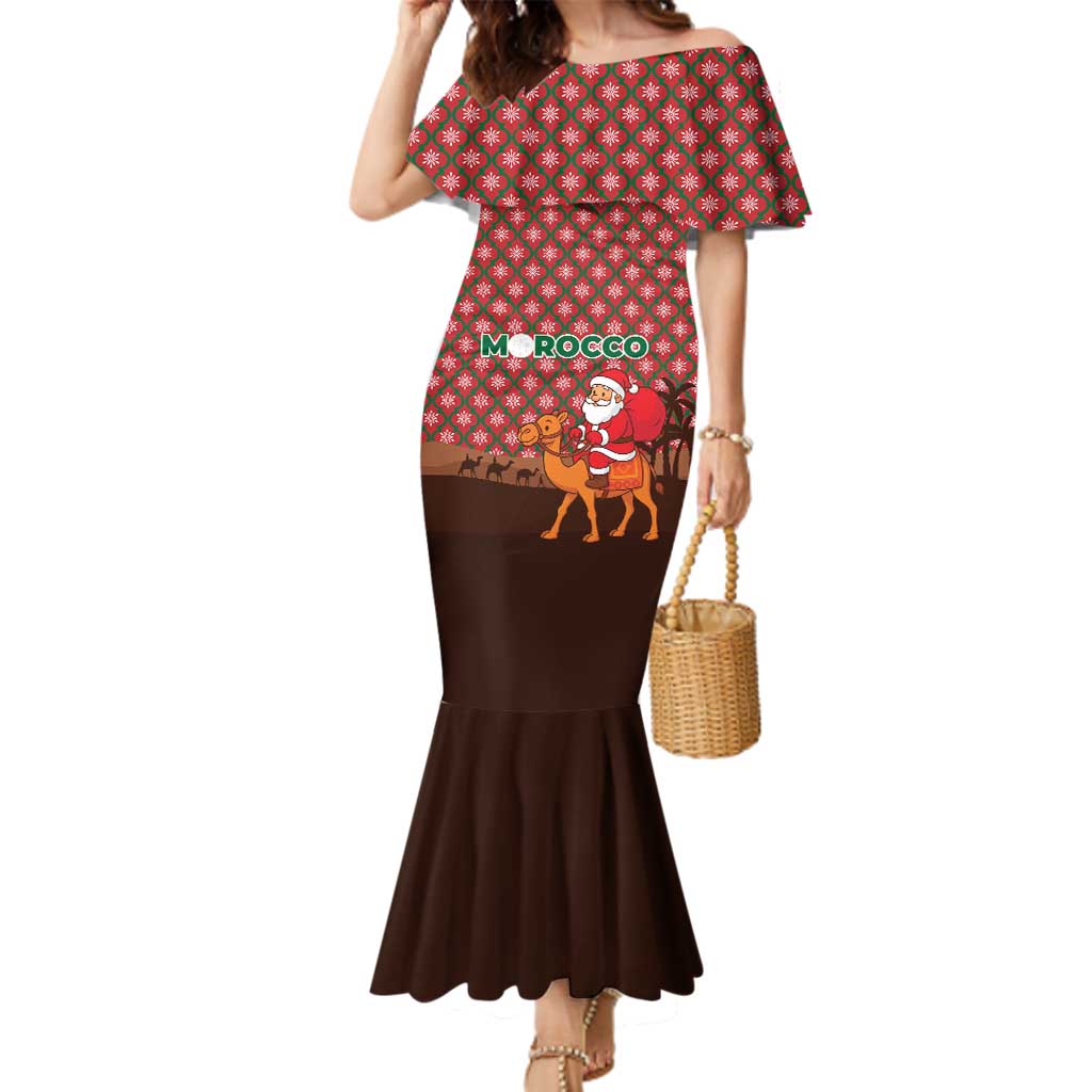 Morocco Christmas Family Matching Mermaid Dress and Hawaiian Shirt with Santa Claus Camel Caravan Desert Scene and Red Pattern Design - Wonder Print Shop