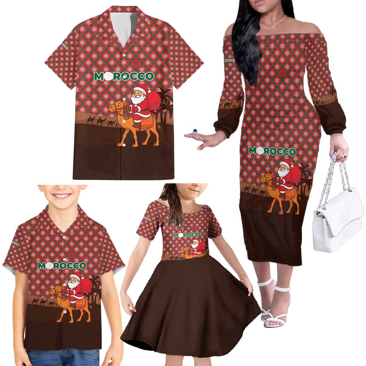 Morocco Christmas Family Matching Off The Shoulder Long Sleeve Dress and Hawaiian Shirt with Santa Claus Camel Caravan Desert Scene and Red Pattern Design - Wonder Print Shop