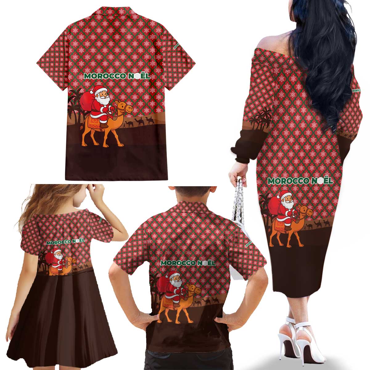 Morocco Christmas Family Matching Off The Shoulder Long Sleeve Dress and Hawaiian Shirt with Santa Claus Camel Caravan Desert Scene and Red Pattern Design - Wonder Print Shop