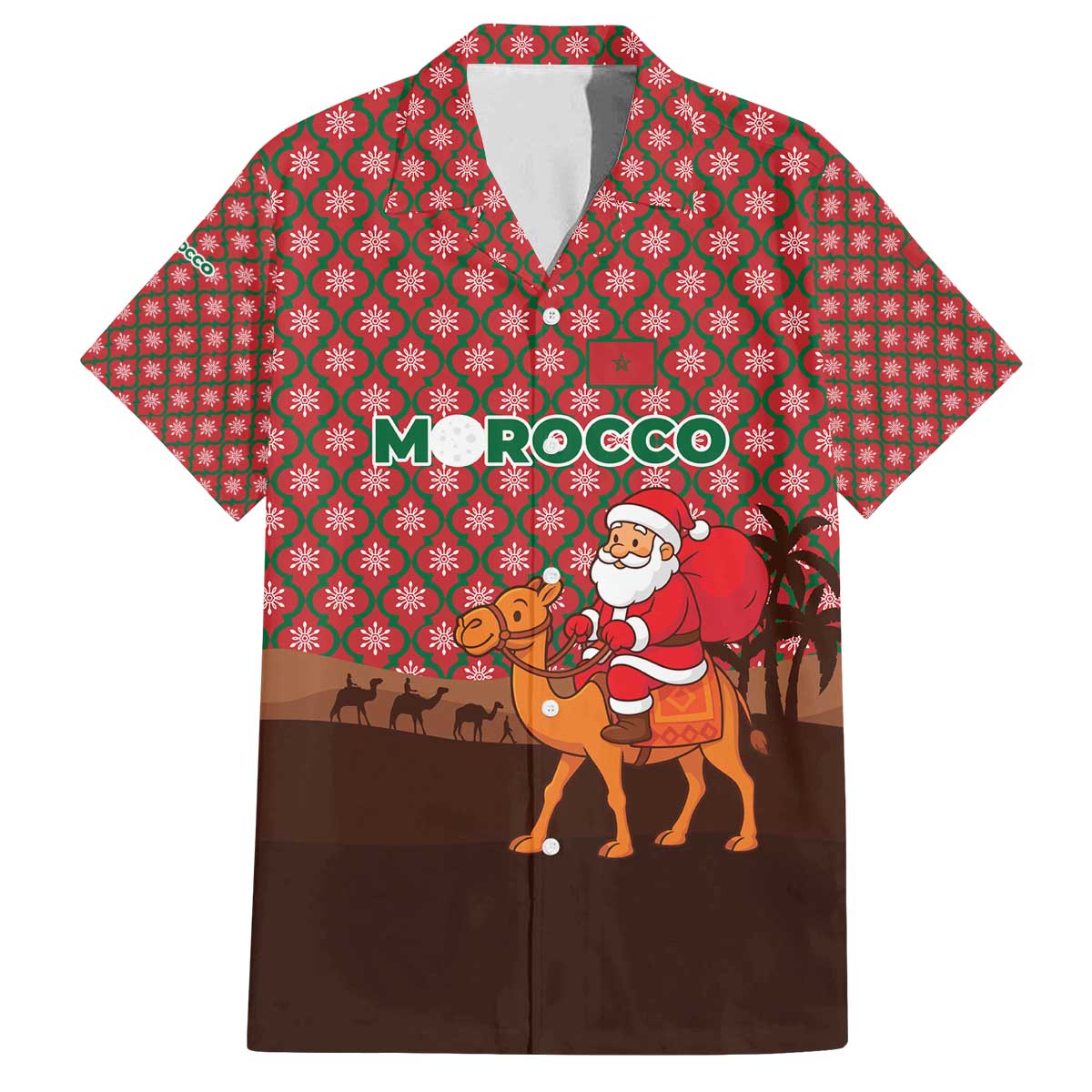 Morocco Christmas Family Matching Off The Shoulder Long Sleeve Dress and Hawaiian Shirt with Santa Claus Camel Caravan Desert Scene and Red Pattern Design - Wonder Print Shop