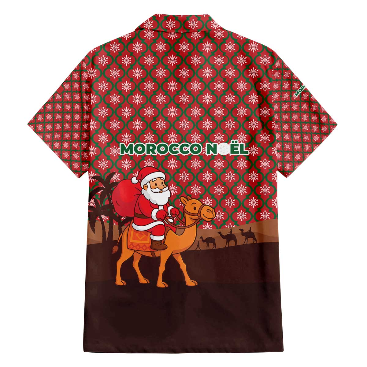 Morocco Christmas Family Matching Off The Shoulder Long Sleeve Dress and Hawaiian Shirt with Santa Claus Camel Caravan Desert Scene and Red Pattern Design - Wonder Print Shop