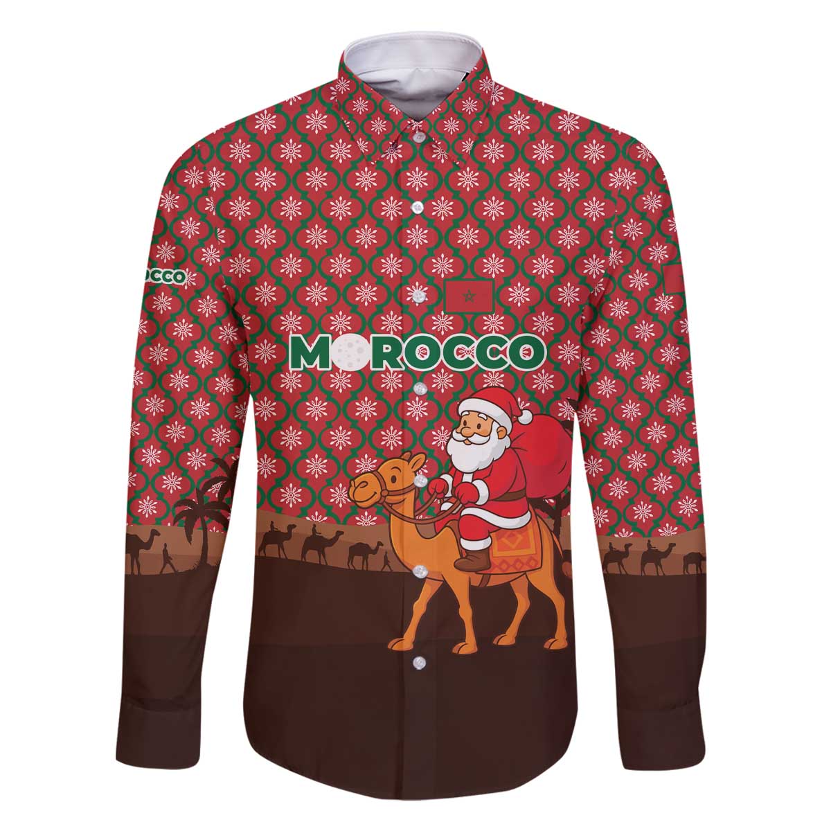 Morocco Christmas Family Matching Off The Shoulder Long Sleeve Dress and Hawaiian Shirt with Santa Claus Camel Caravan Desert Scene and Red Pattern Design - Wonder Print Shop