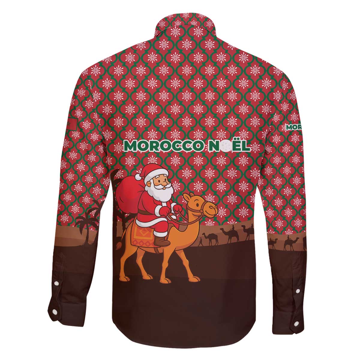 Morocco Christmas Family Matching Off The Shoulder Long Sleeve Dress and Hawaiian Shirt with Santa Claus Camel Caravan Desert Scene and Red Pattern Design - Wonder Print Shop