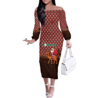 Morocco Christmas Family Matching Off The Shoulder Long Sleeve Dress and Hawaiian Shirt with Santa Claus Camel Caravan Desert Scene and Red Pattern Design - Wonder Print Shop