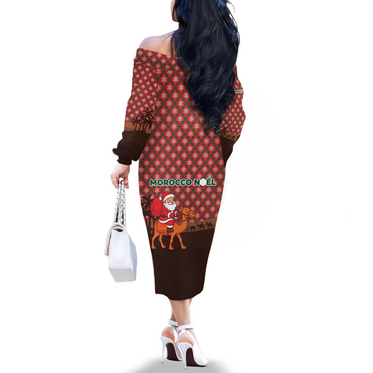 Morocco Christmas Family Matching Off The Shoulder Long Sleeve Dress and Hawaiian Shirt with Santa Claus Camel Caravan Desert Scene and Red Pattern Design - Wonder Print Shop