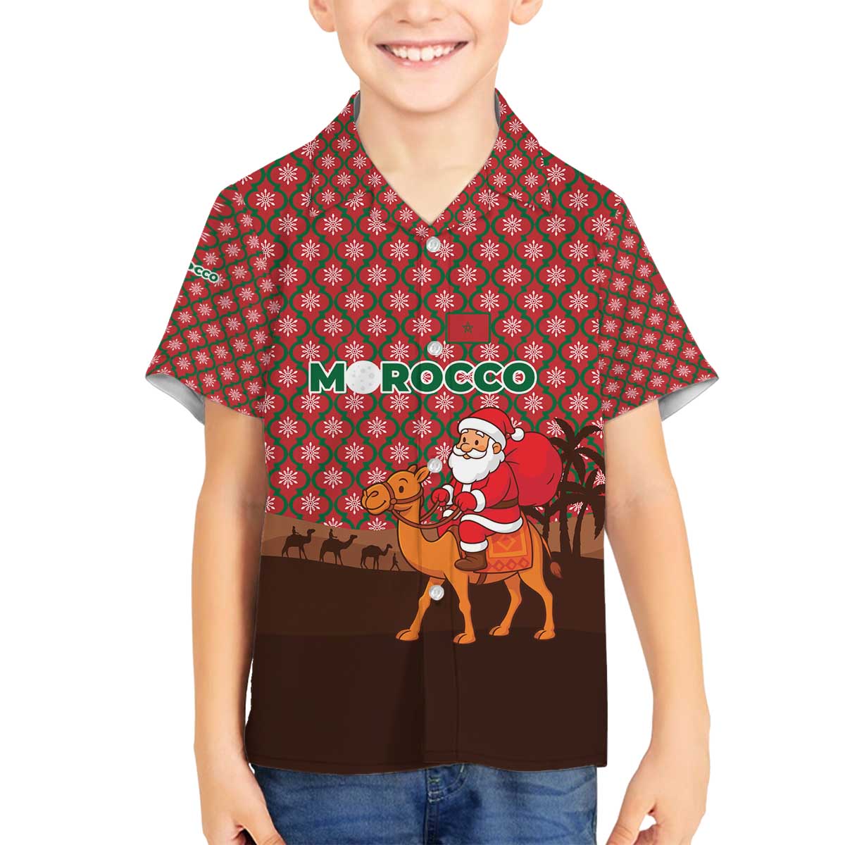 Morocco Christmas Family Matching Off The Shoulder Long Sleeve Dress and Hawaiian Shirt with Santa Claus Camel Caravan Desert Scene and Red Pattern Design - Wonder Print Shop