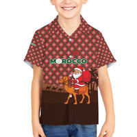 Morocco Christmas Family Matching Off The Shoulder Long Sleeve Dress and Hawaiian Shirt with Santa Claus Camel Caravan Desert Scene and Red Pattern Design - Wonder Print Shop