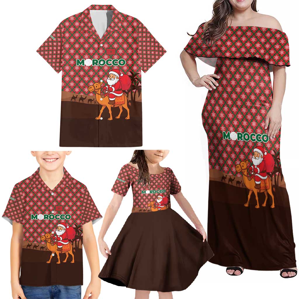 Morocco Christmas Family Matching Off Shoulder Maxi Dress and Hawaiian Shirt with Santa Claus Camel Caravan Desert Scene and Red Pattern Design - Wonder Print Shop