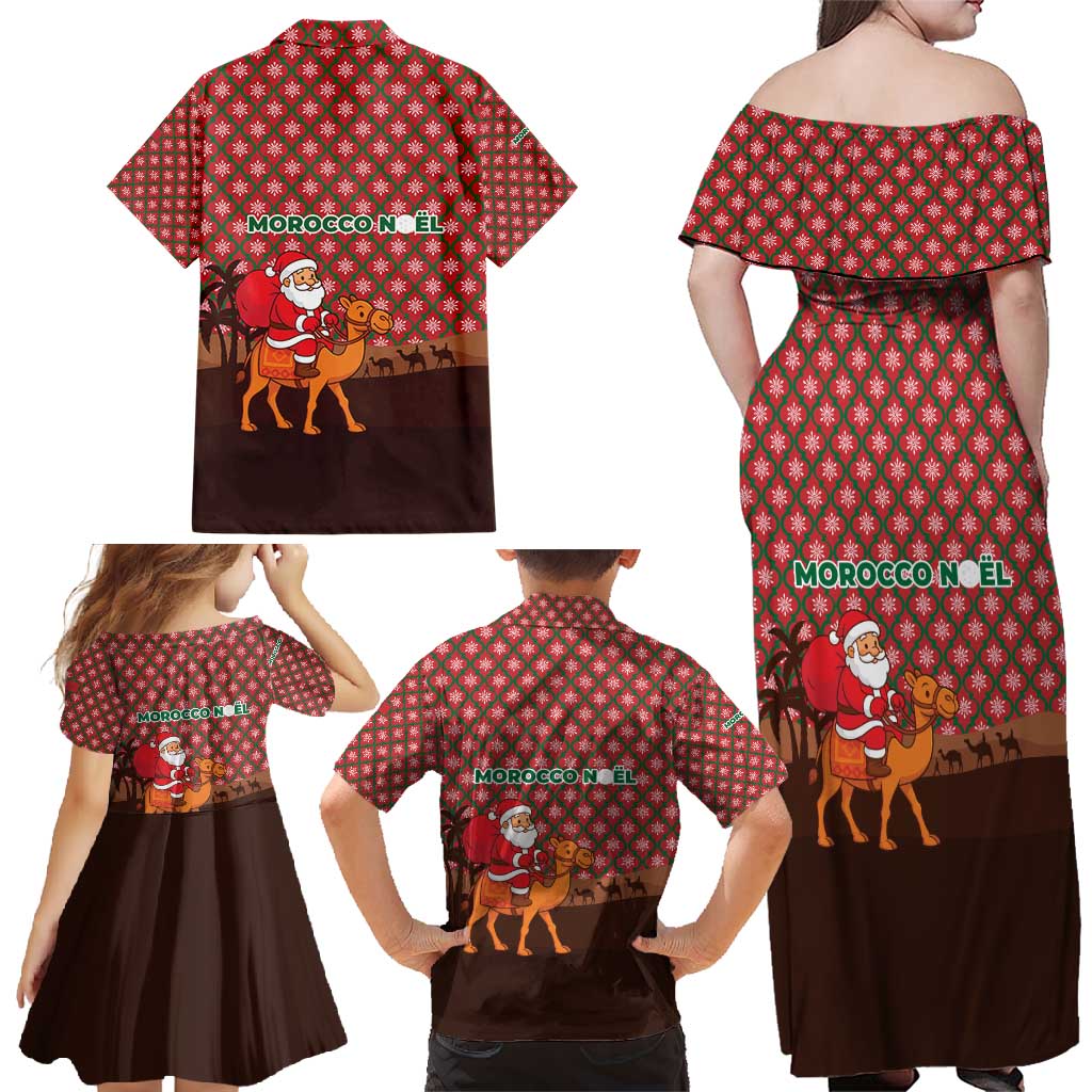 Morocco Christmas Family Matching Off Shoulder Maxi Dress and Hawaiian Shirt with Santa Claus Camel Caravan Desert Scene and Red Pattern Design - Wonder Print Shop