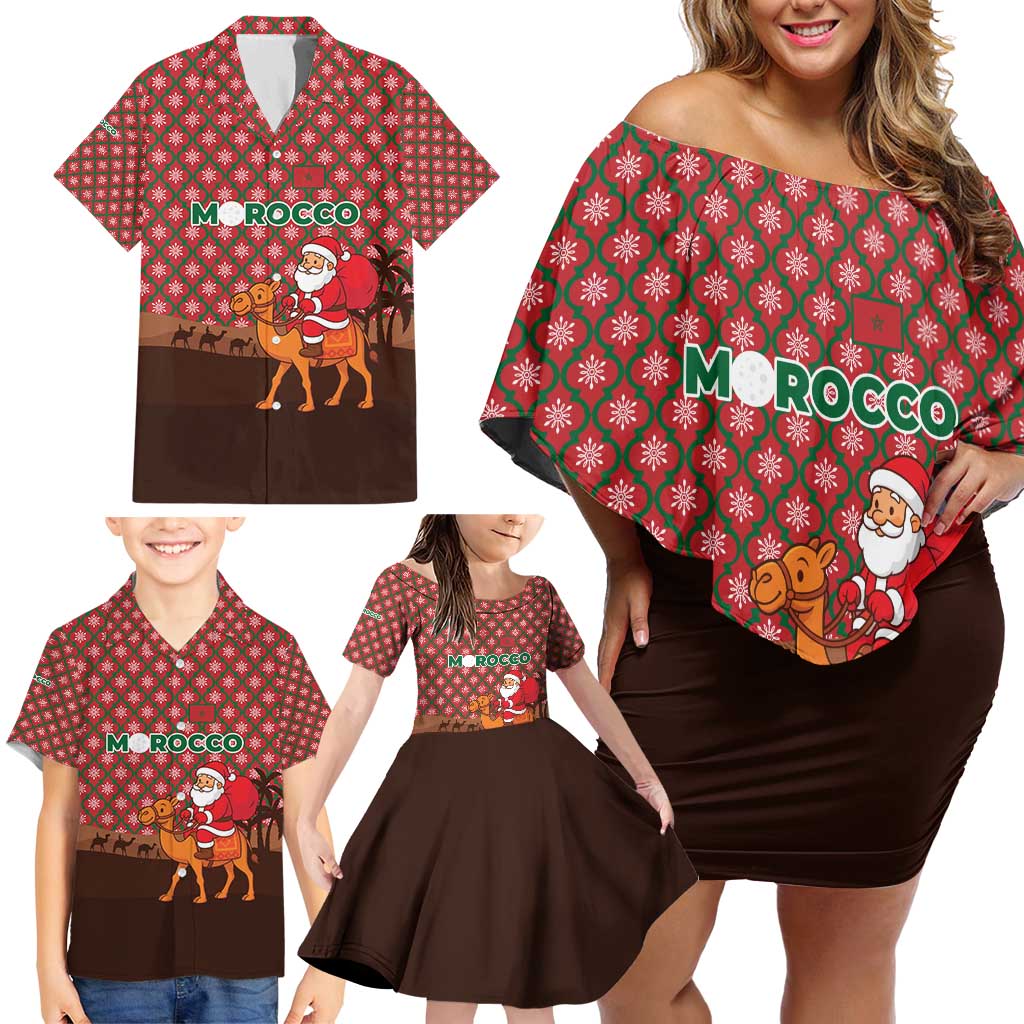 Morocco Christmas Family Matching Off Shoulder Short Dress and Hawaiian Shirt with Santa Claus Camel Caravan Desert Scene and Red Pattern Design - Wonder Print Shop