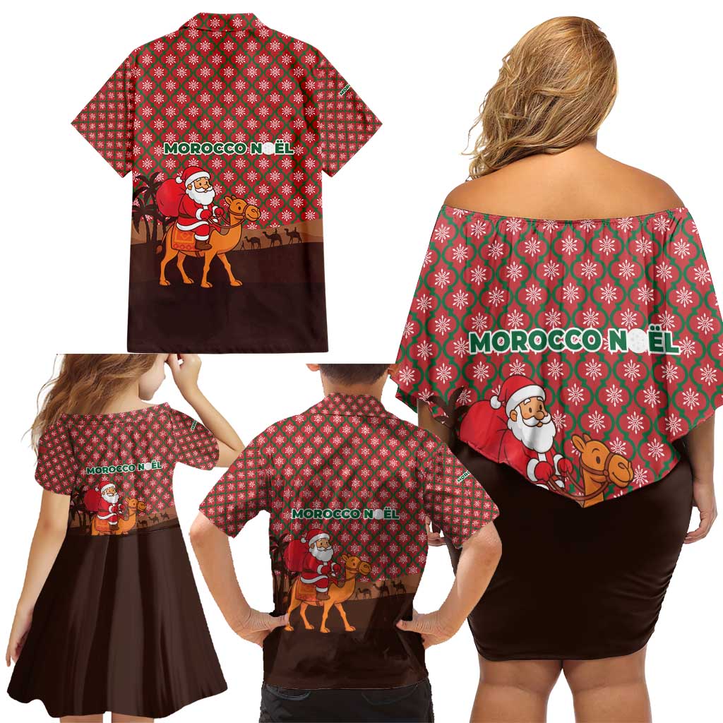 Morocco Christmas Family Matching Off Shoulder Short Dress and Hawaiian Shirt with Santa Claus Camel Caravan Desert Scene and Red Pattern Design - Wonder Print Shop