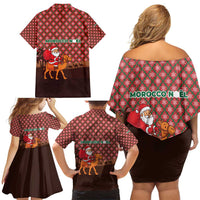 Morocco Christmas Family Matching Off Shoulder Short Dress and Hawaiian Shirt with Santa Claus Camel Caravan Desert Scene and Red Pattern Design - Wonder Print Shop