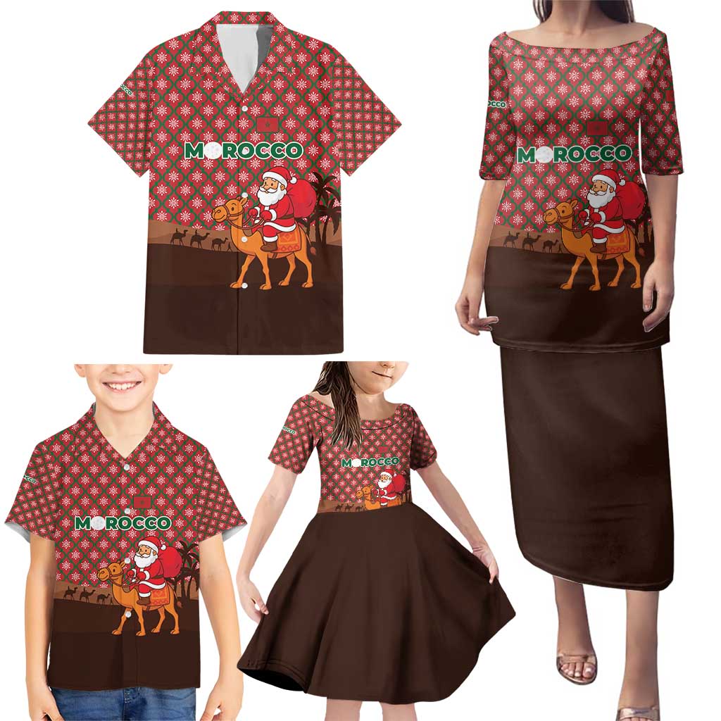 Morocco Christmas Family Matching Puletasi and Hawaiian Shirt with Santa Claus Camel Caravan Desert Scene and Red Pattern Design - Wonder Print Shop