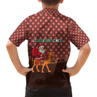 Morocco Christmas Family Matching Short Sleeve Bodycon Dress and Hawaiian Shirt with Santa Claus Camel Caravan Desert Scene and Red Pattern Design - Wonder Print Shop