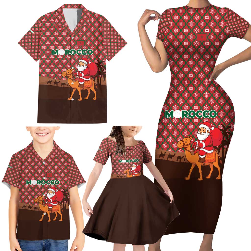 Morocco Christmas Family Matching Short Sleeve Bodycon Dress and Hawaiian Shirt with Santa Claus Camel Caravan Desert Scene and Red Pattern Design - Wonder Print Shop