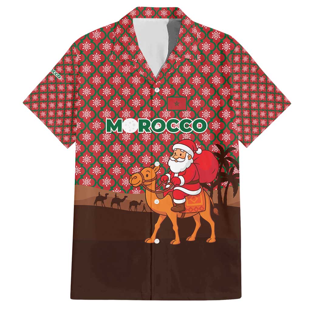 Morocco Christmas Family Matching Short Sleeve Bodycon Dress and Hawaiian Shirt with Santa Claus Camel Caravan Desert Scene and Red Pattern Design - Wonder Print Shop