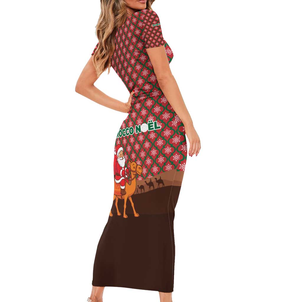 Morocco Christmas Family Matching Short Sleeve Bodycon Dress and Hawaiian Shirt with Santa Claus Camel Caravan Desert Scene and Red Pattern Design - Wonder Print Shop