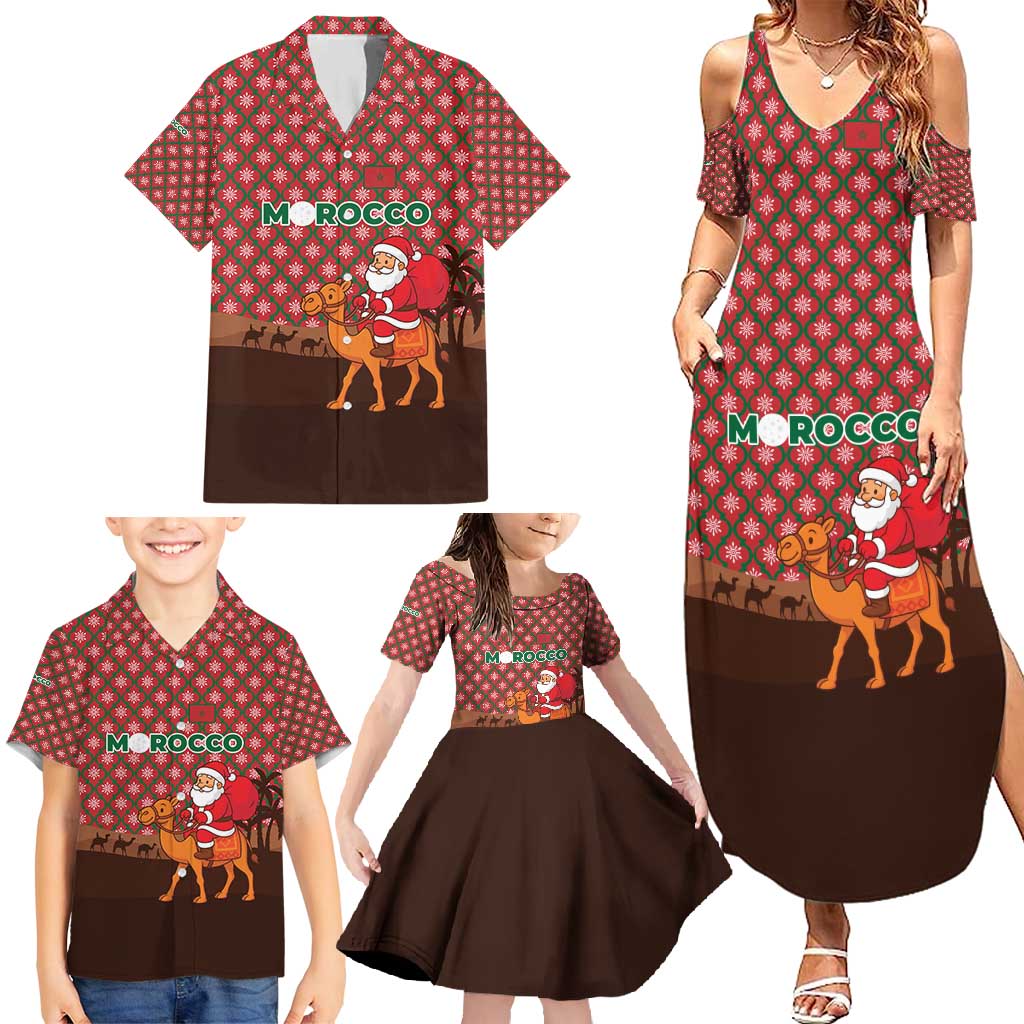 Morocco Christmas Family Matching Summer Maxi Dress and Hawaiian Shirt with Santa Claus Camel Caravan Desert Scene and Red Pattern Design - Wonder Print Shop