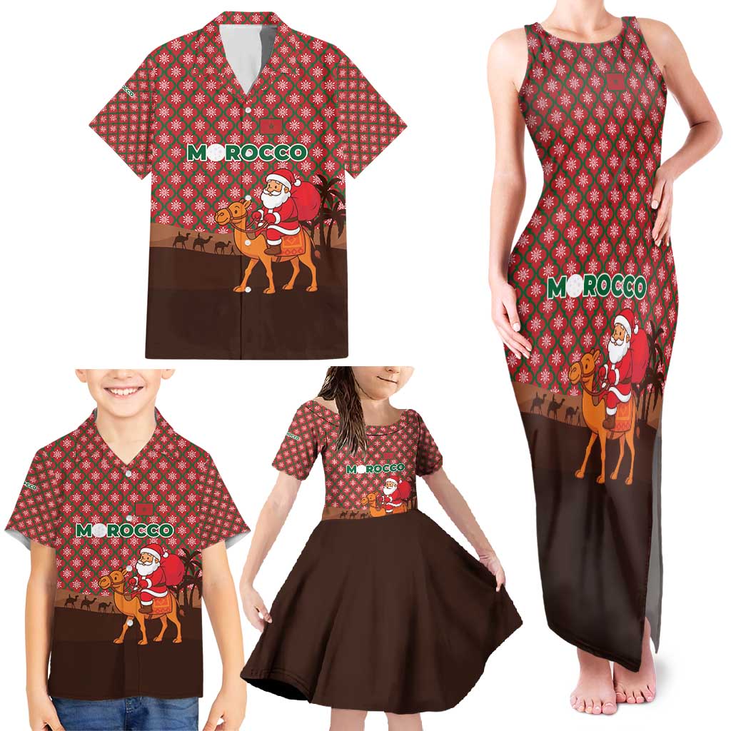 Morocco Christmas Family Matching Tank Maxi Dress and Hawaiian Shirt with Santa Claus Camel Caravan Desert Scene and Red Pattern Design - Wonder Print Shop
