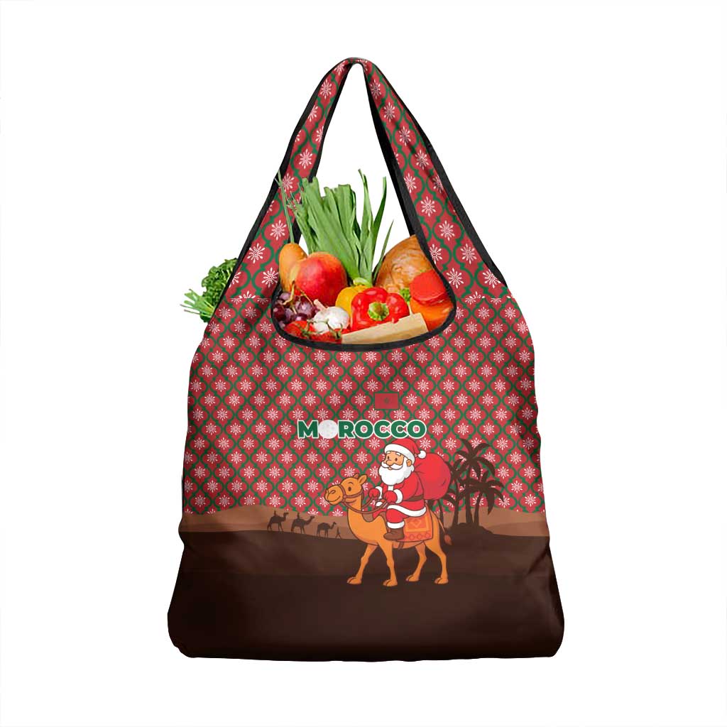 Morocco Christmas Grocery Bag with Santa Claus Camel Caravan Desert Scene and Red Pattern Design - Wonder Print Shop