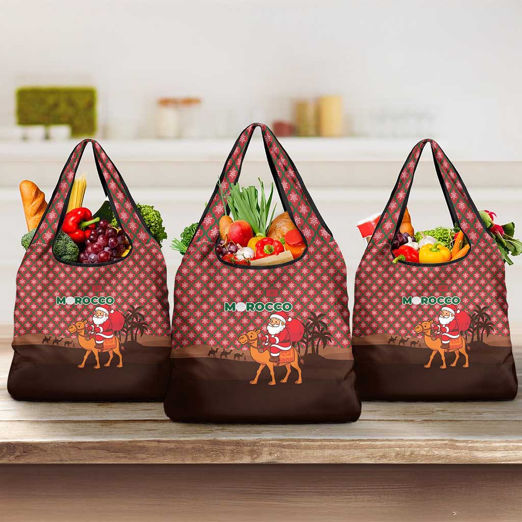 Morocco Christmas Grocery Bag with Santa Claus Camel Caravan Desert Scene and Red Pattern Design - Wonder Print Shop