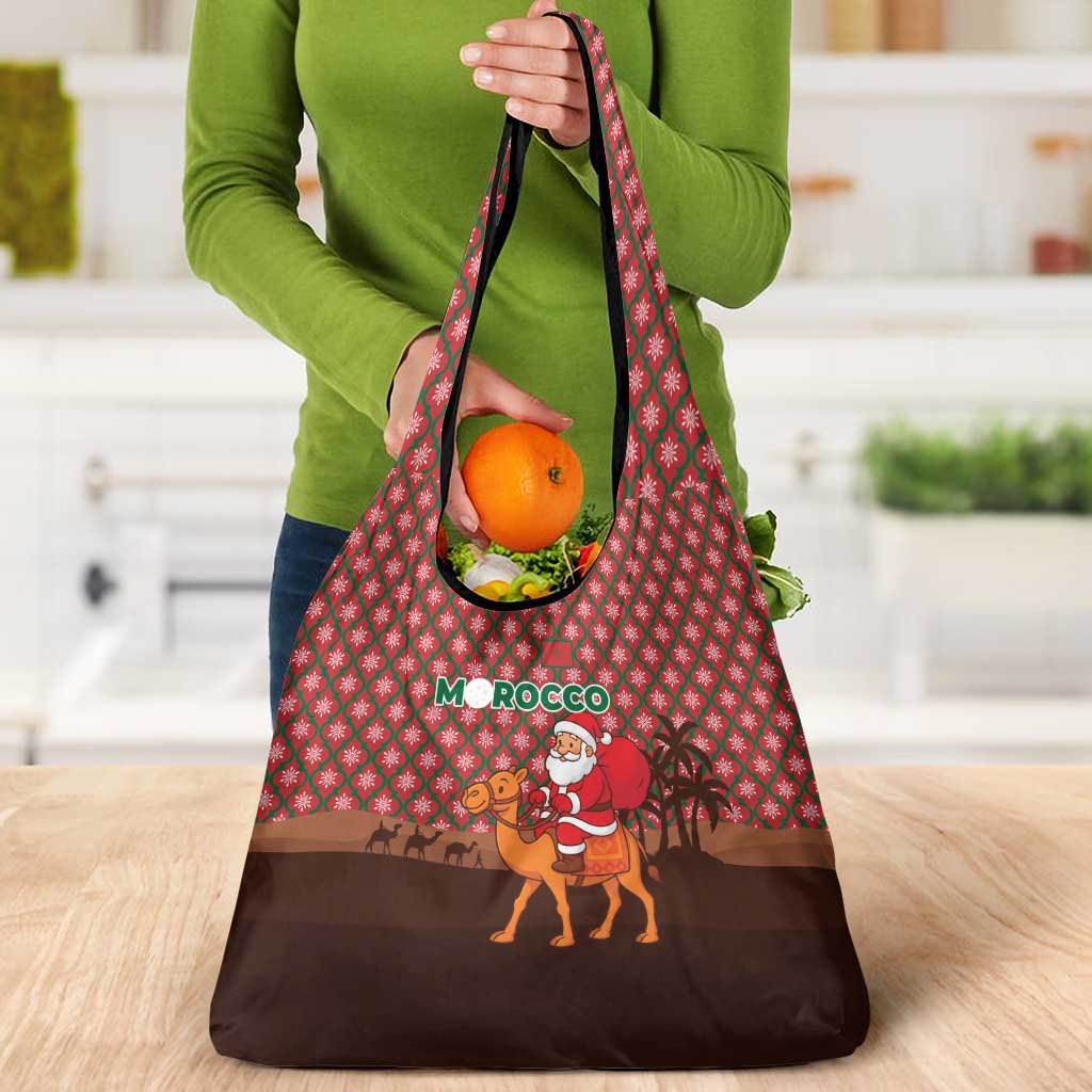 Morocco Christmas Grocery Bag with Santa Claus Camel Caravan Desert Scene and Red Pattern Design - Wonder Print Shop