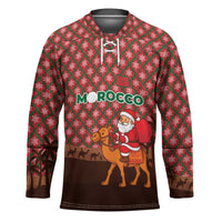 Morocco Christmas Hockey Jersey with Santa Claus Camel Caravan Desert Scene and Red Pattern Design - Wonder Print Shop