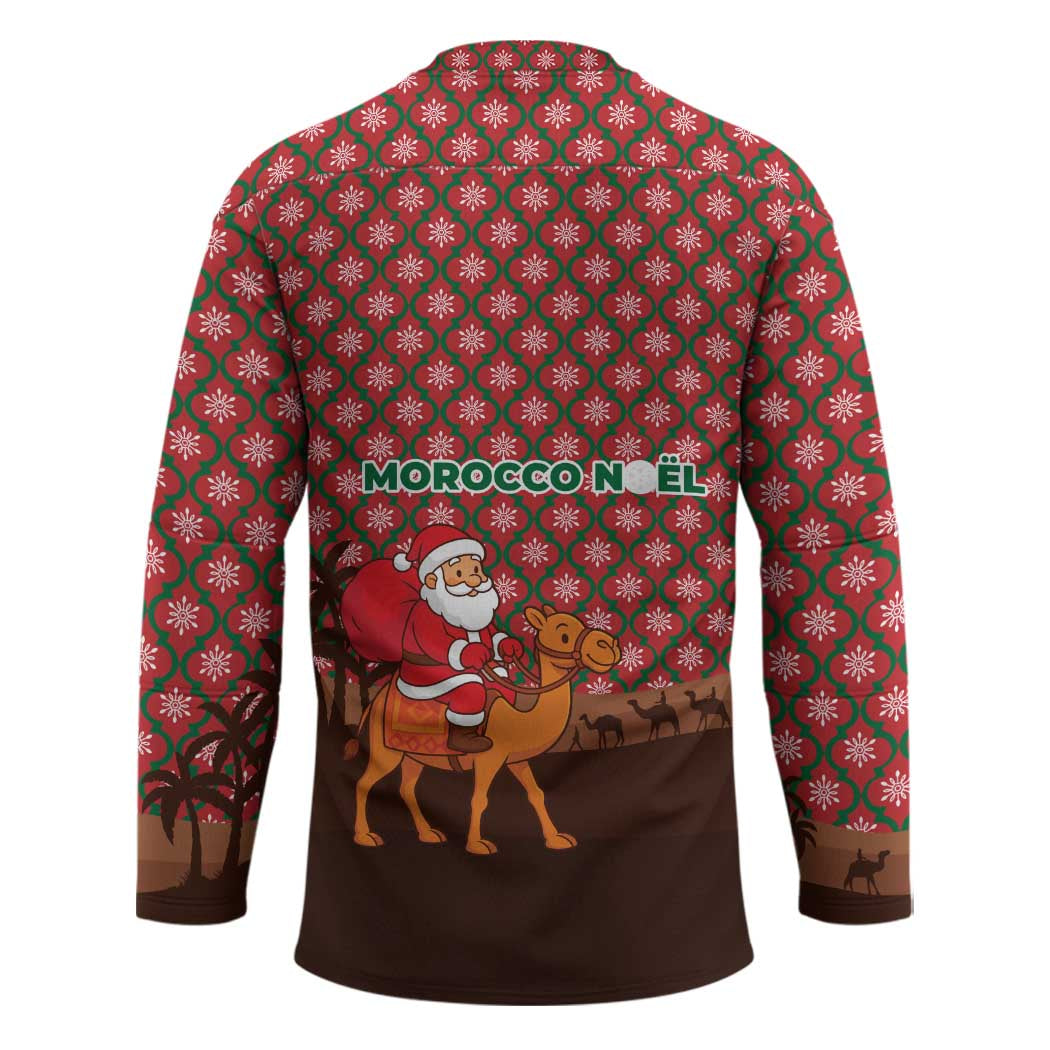 Morocco Christmas Hockey Jersey with Santa Claus Camel Caravan Desert Scene and Red Pattern Design - Wonder Print Shop
