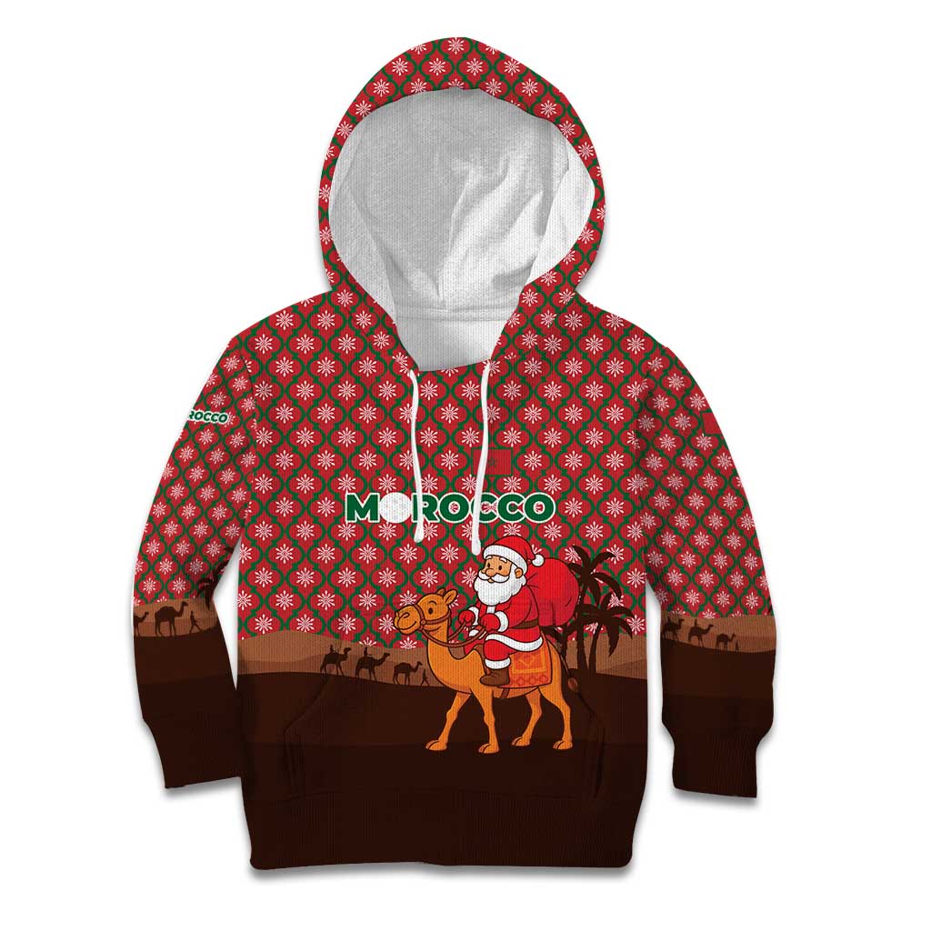 Morocco Christmas Kid Hoodie with Santa Claus Camel Caravan Desert Scene and Red Pattern Design - Wonder Print Shop
