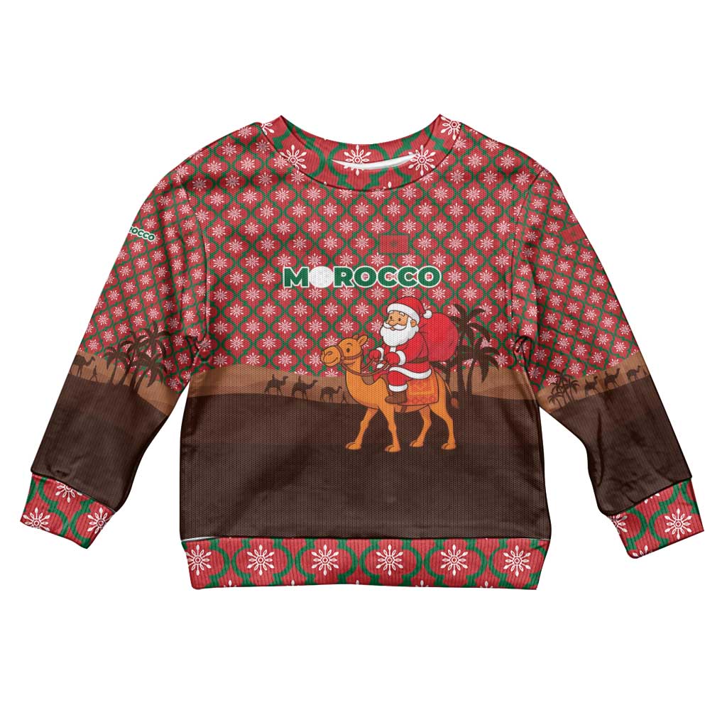 Morocco Christmas Kid Ugly Christmas Sweater with Santa Claus Camel Caravan Desert Scene and Red Pattern Design - Wonder Print Shop