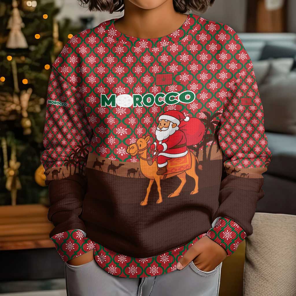 Morocco Christmas Kid Ugly Christmas Sweater with Santa Claus Camel Caravan Desert Scene and Red Pattern Design - Wonder Print Shop