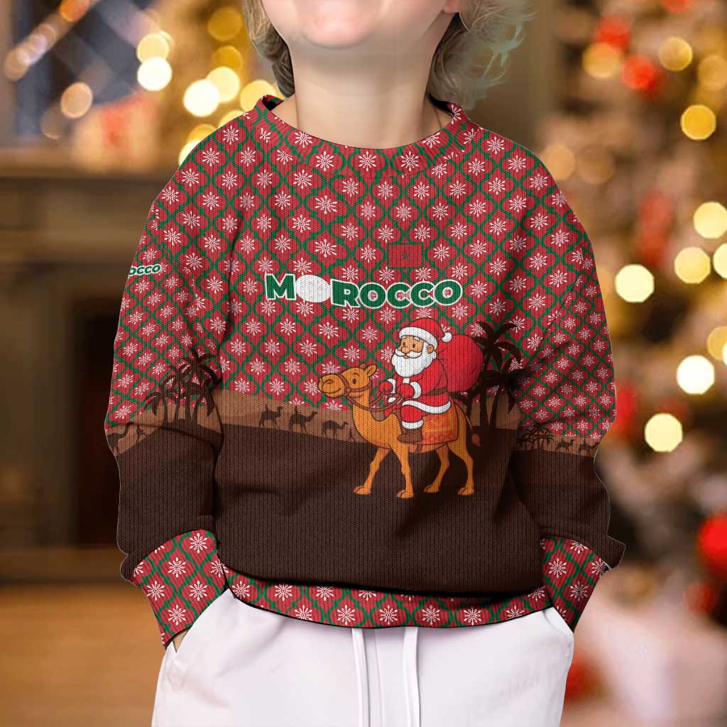 Morocco Christmas Kid Ugly Christmas Sweater with Santa Claus Camel Caravan Desert Scene and Red Pattern Design - Wonder Print Shop