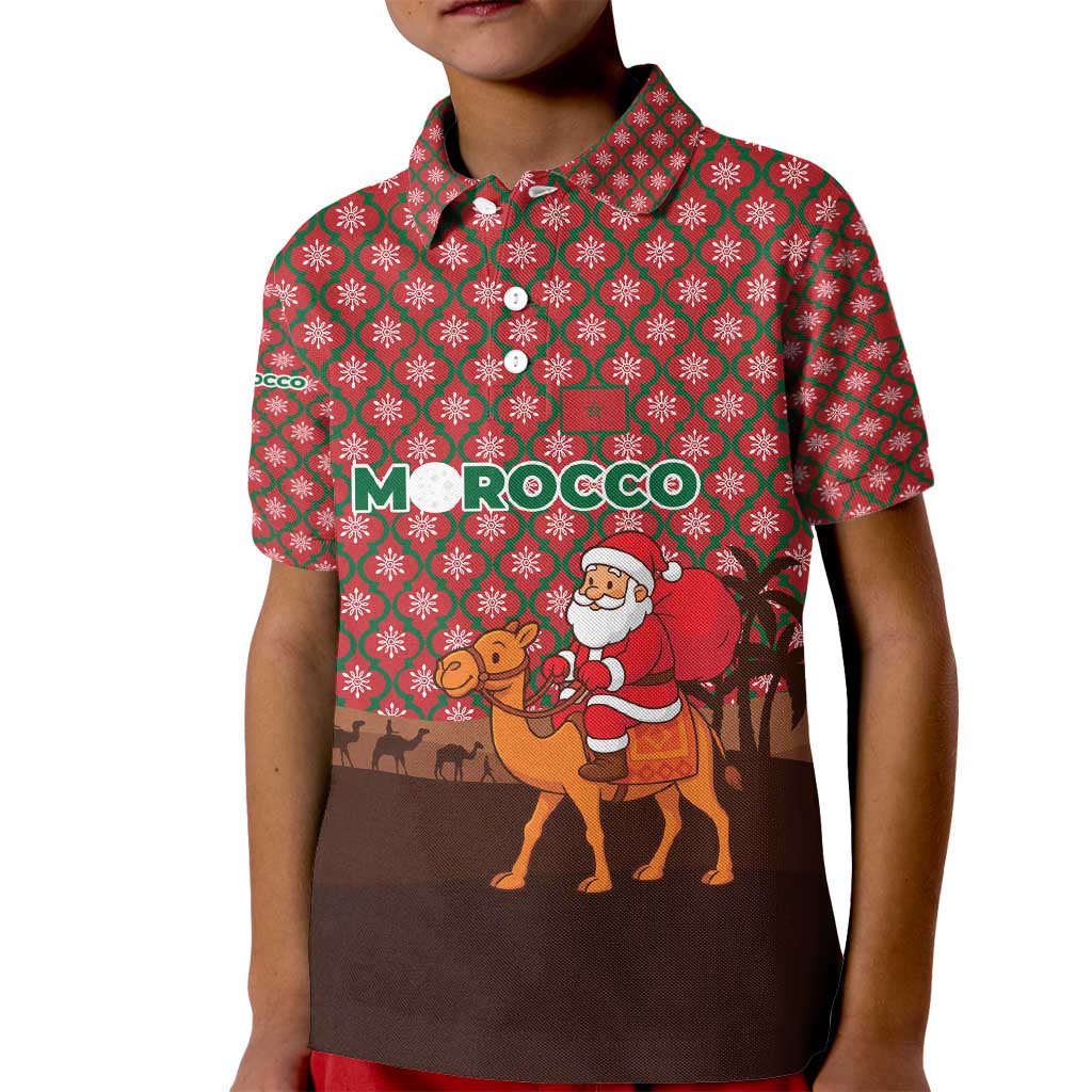 Morocco Christmas Kid Polo Shirt with Santa Claus Camel Caravan Desert Scene and Red Pattern Design - Wonder Print Shop