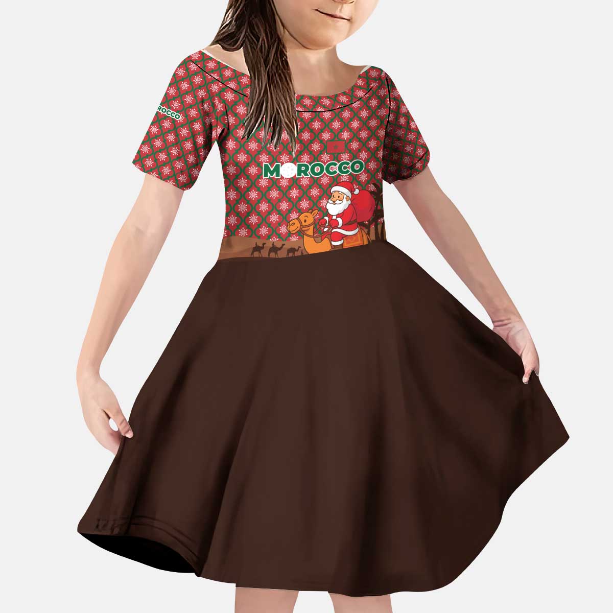 Morocco Christmas Kid Short Sleeve Dress with Santa Claus Camel Caravan Desert Scene and Red Pattern Design - Wonder Print Shop
