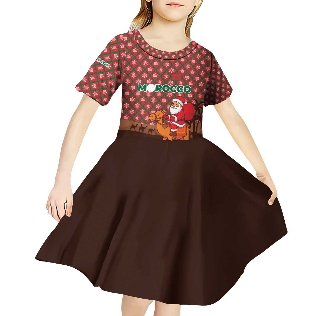 Morocco Christmas Kid Short Sleeve Dress with Santa Claus Camel Caravan Desert Scene and Red Pattern Design - Wonder Print Shop
