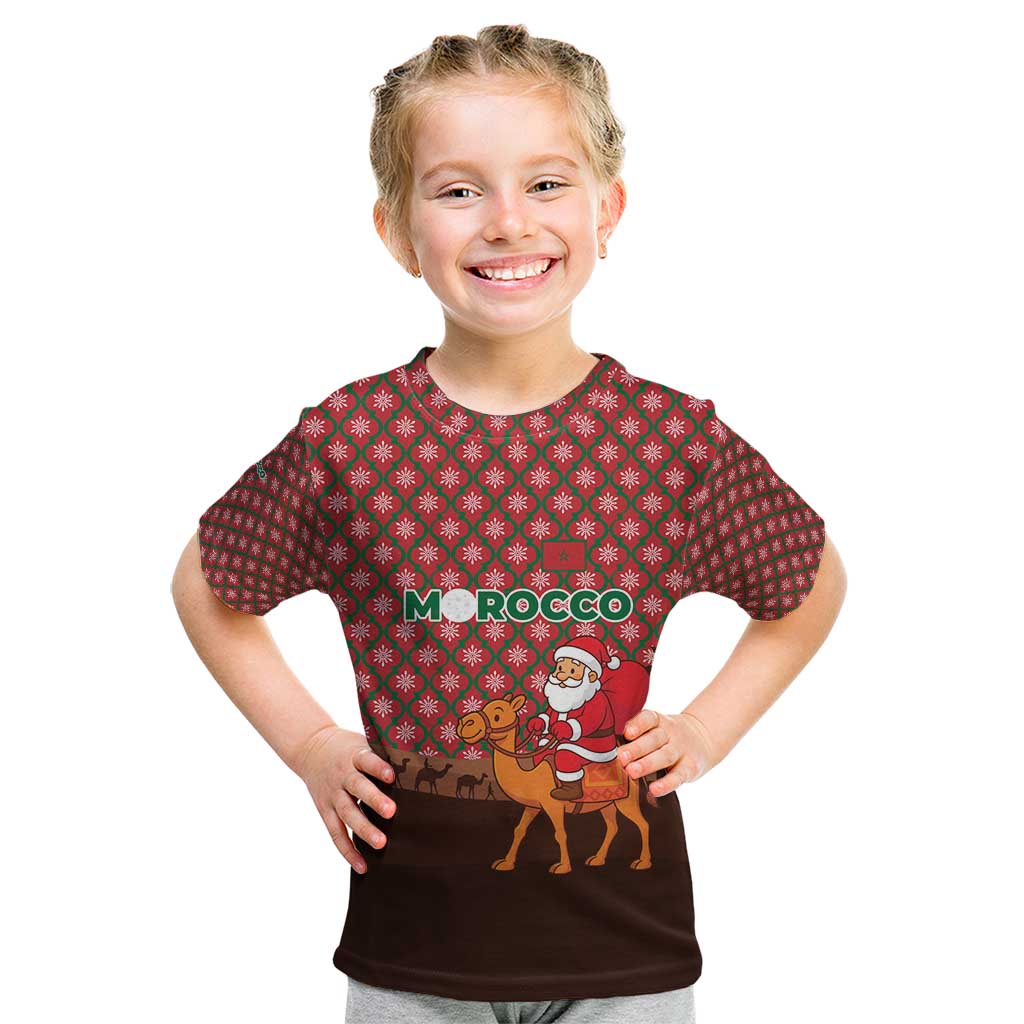 Morocco Christmas Kid T Shirt with Santa Claus Camel Caravan Desert Scene and Red Pattern Design - Wonder Print Shop