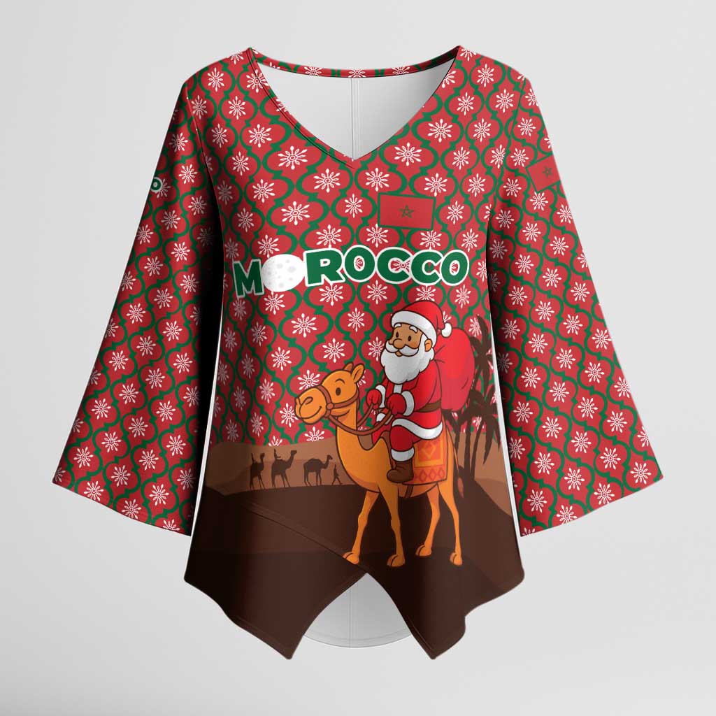 Morocco Christmas Kimono Sleeve Blouse with Santa Claus Camel Caravan Desert Scene and Red Pattern Design - Wonder Print Shop
