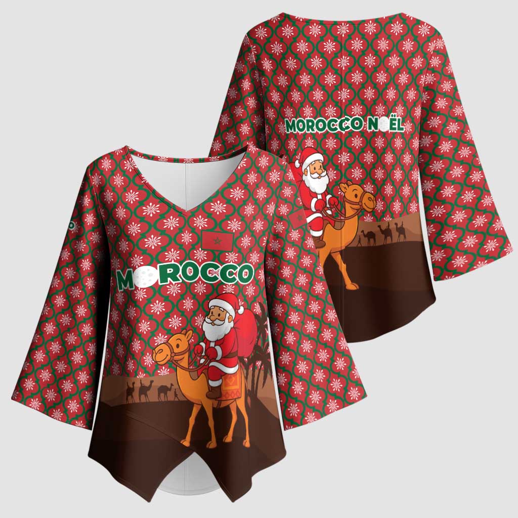 Morocco Christmas Kimono Sleeve Blouse with Santa Claus Camel Caravan Desert Scene and Red Pattern Design - Wonder Print Shop