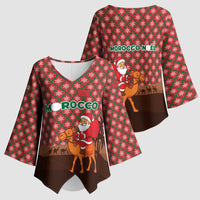 Morocco Christmas Kimono Sleeve Blouse with Santa Claus Camel Caravan Desert Scene and Red Pattern Design - Wonder Print Shop