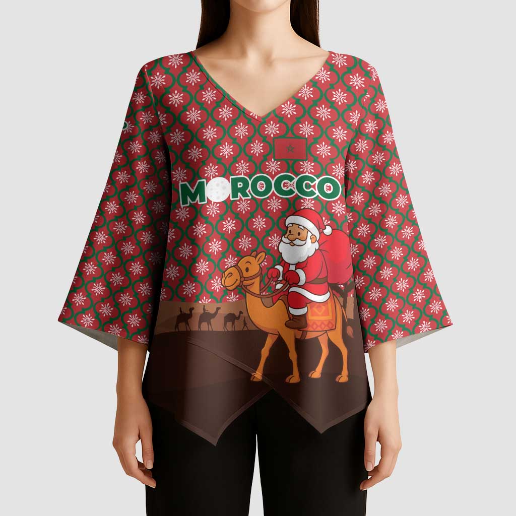 Morocco Christmas Kimono Sleeve Blouse with Santa Claus Camel Caravan Desert Scene and Red Pattern Design - Wonder Print Shop