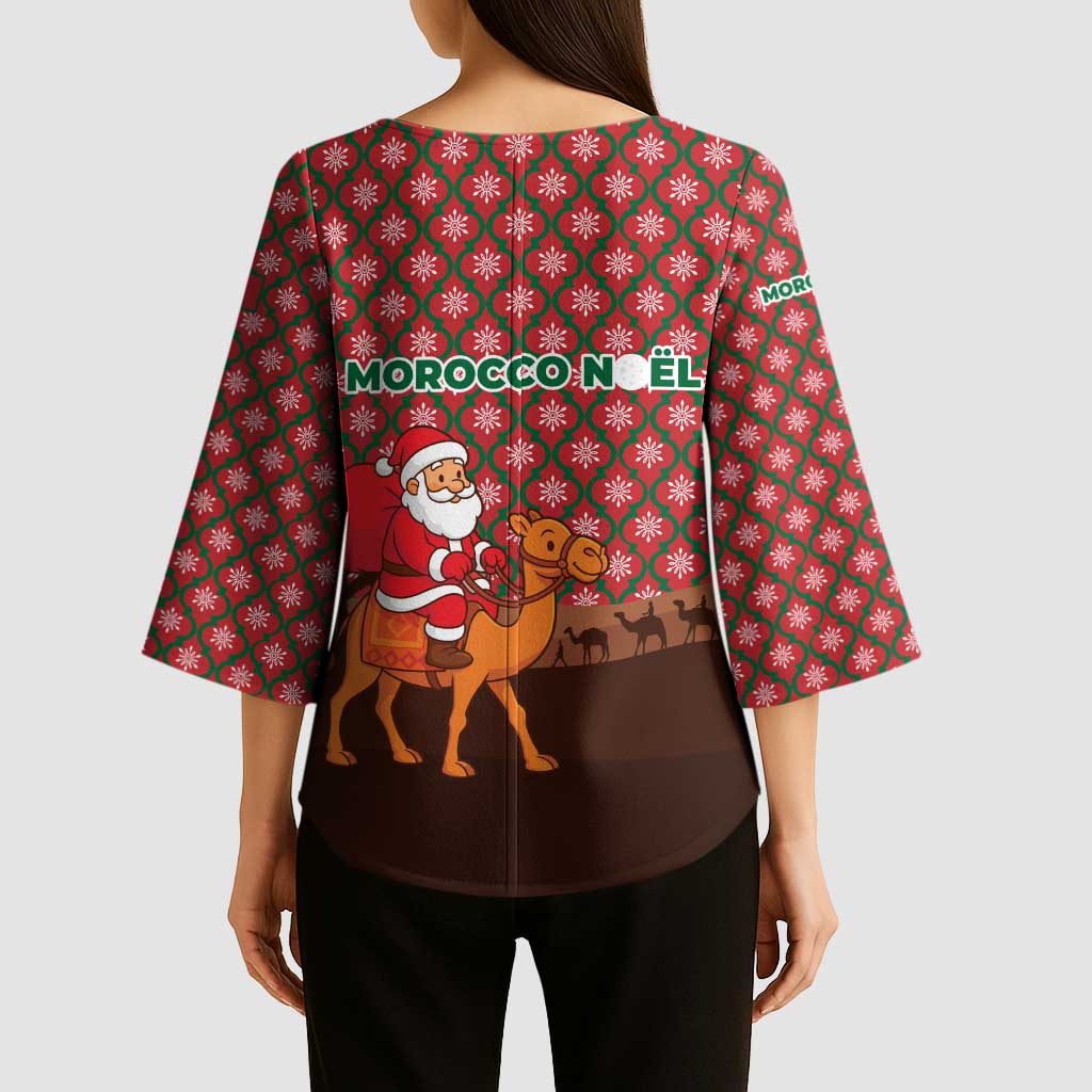 Morocco Christmas Kimono Sleeve Blouse with Santa Claus Camel Caravan Desert Scene and Red Pattern Design - Wonder Print Shop