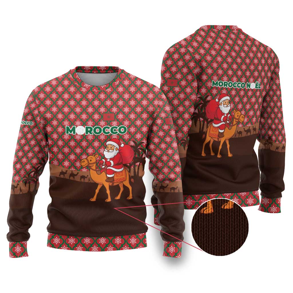 Morocco Christmas Ugly Christmas Sweater with Santa Claus Camel Caravan Desert Scene and Red Pattern Design - Wonder Print Shop