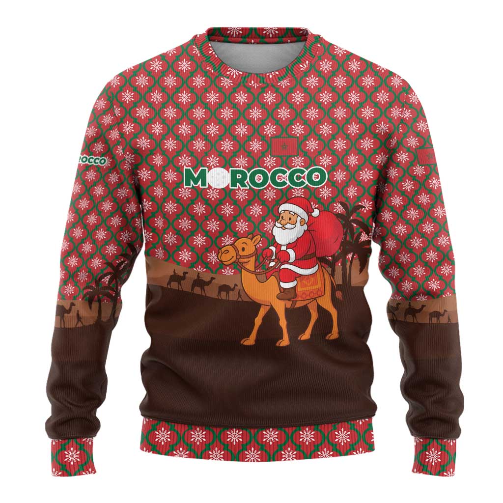 Morocco Christmas Ugly Christmas Sweater with Santa Claus Camel Caravan Desert Scene and Red Pattern Design - Wonder Print Shop