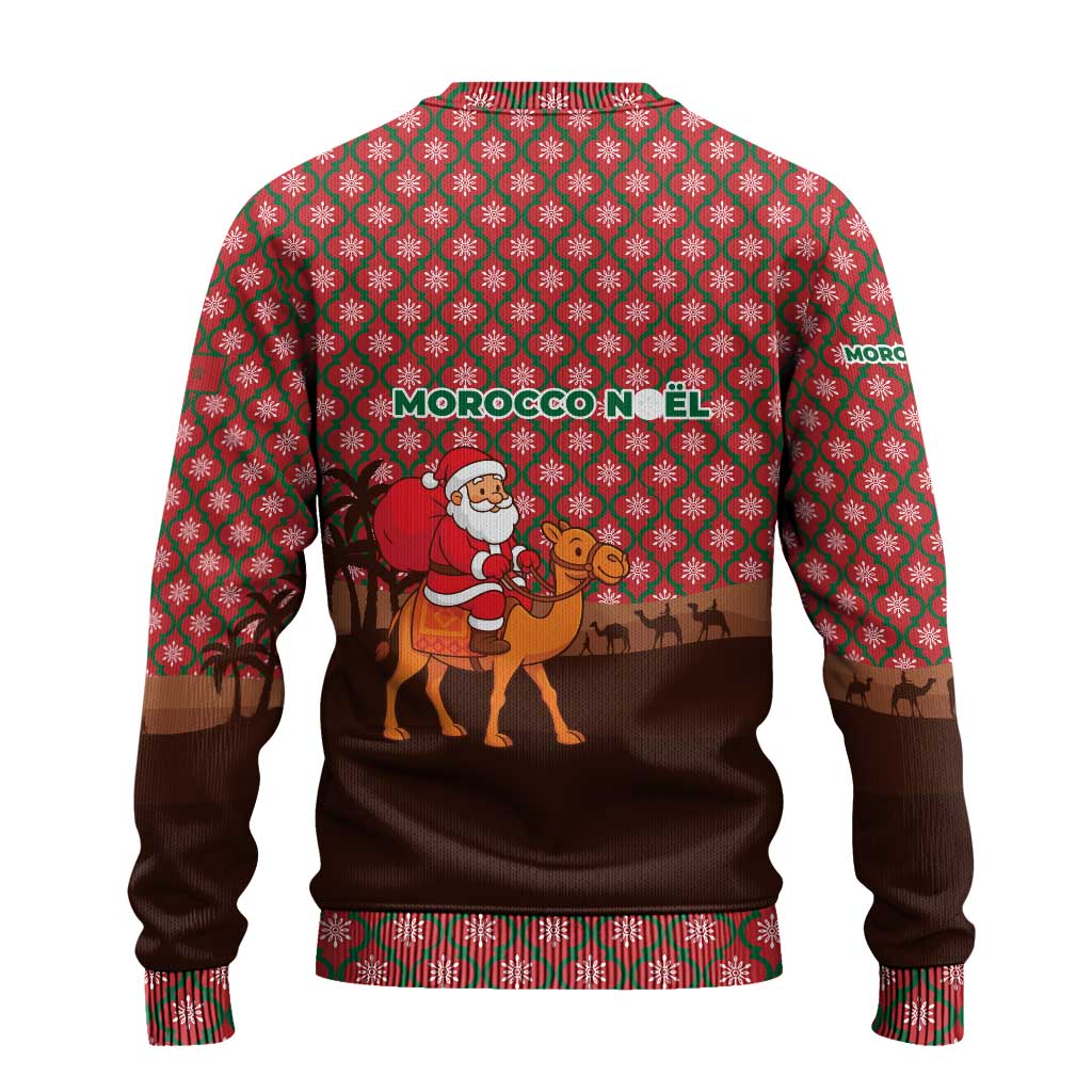 Morocco Christmas Ugly Christmas Sweater with Santa Claus Camel Caravan Desert Scene and Red Pattern Design - Wonder Print Shop