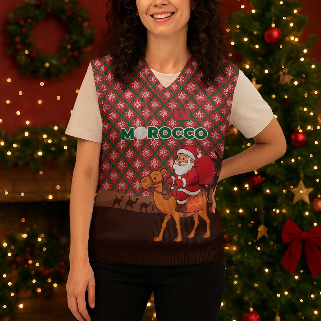 Morocco Christmas Knitted V-Neck Vest with Santa Claus Camel Caravan Desert Scene and Red Pattern Design - Wonder Print Shop